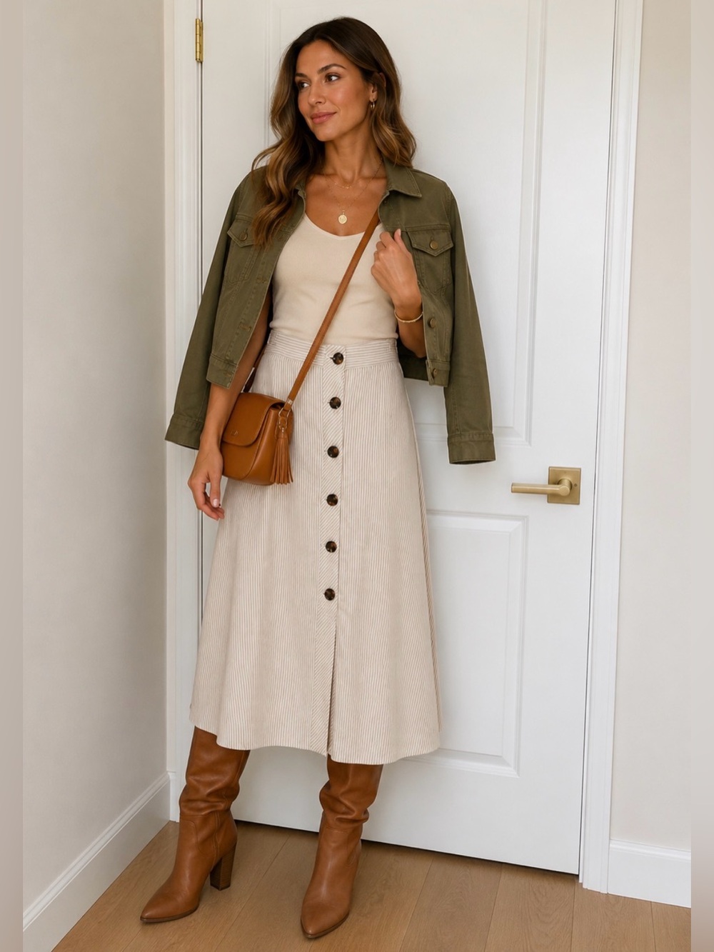 Ann Taylor Button-Front Cream Midi Skirt
